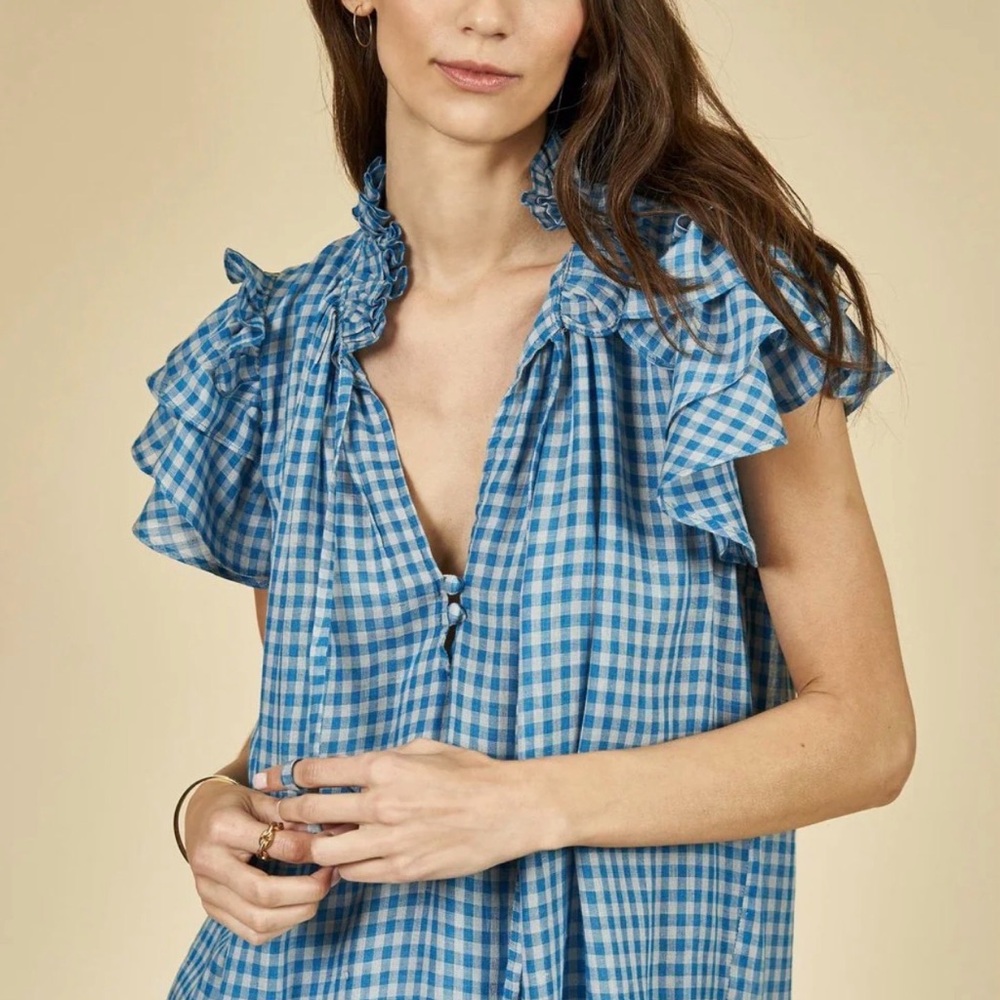 HUNTER BELL Blue Gingham Ruffle-Sleeve Blouse
